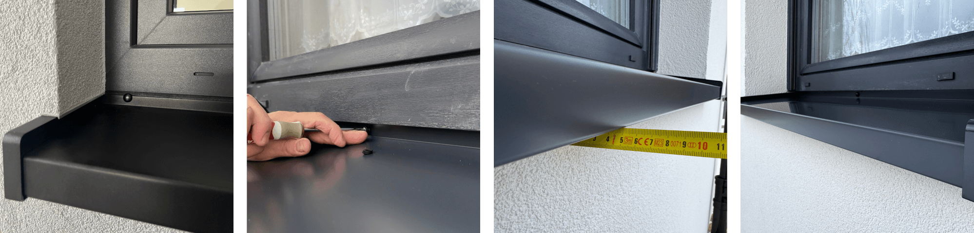 Zewnętrzny parapet aluminiowy SMART przy oknie – montaż, pomiar i wykończenie z zakończeniami. Trwałe i estetyczne wykończenie elewacji.